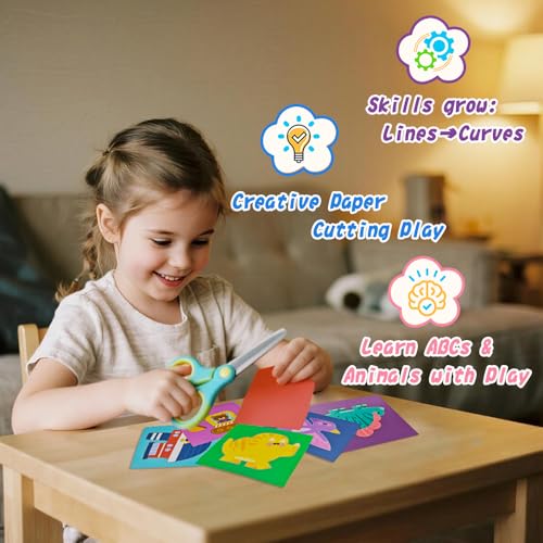 Flamax Scissor Skills Activity Book Craft Scissors Set Includes Safety Scissor & 40 Colored Cardstock Paper Templates, Safety Scissors for Kids Ages 2-4, Colored Cardstock Paper - color: Animal