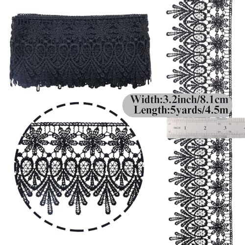 GXTIZAS Black Lace Ribbon 3.2Inch Wide Lace Trim for Sewing | scalloped embroidery for vintage weddings, costumes, pillows, curtains, gift décor and romantic DIY creations Crafts - color: Black