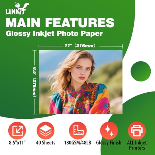 Uinkit 48lb Glossy Inkjet Photo Paper, 8.5x11, 40 Sheets, 180gsm - size: Glossy 8.5"X11"-40 sheets