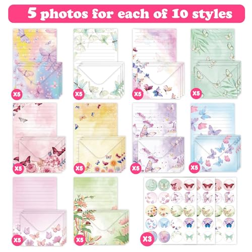 160 Packs Stationery Paper and Envelopes Set 10 Different Designs, 50 One Sided Stationery Writing Papers with 50 Matching Envelopes and 60 Round Dot Sticker, 5.5 x 8.25 Inch (Butteryfly) - style: Butteryfly