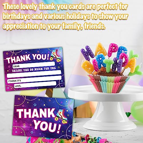 Roller Skate Thank You Cards, Neon Glow Fill In The Blank Thank You Card, Thank You Notes for Boys Girls, Skating Birthday Party Favors Supplies (20 Set of Cards with Envelopes) - B04 - color: Neon Glow