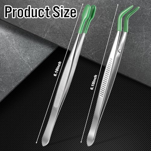 Rubber Tipped Tweezers, 2 Pcs PVC Coated Tweezers for Crafting Long Bent and Straight Flat Tip Precision Tweezers for Crafts Stamps Coin Beads Jewelry Industrial Electronic Lab (Green) - color: Green
