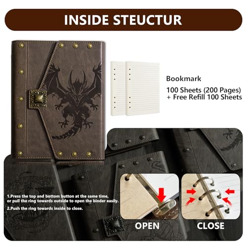 DUROTAN DND Journal Vintage Dragon D&D Notebook with refillable paper | Unique A5 400 Pages For Dungeons and Dragons accessories for players Gift,Men or Women for DM's & Players - color: s05-Khaki-Pterosaur