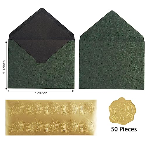 50 Pieces A7 Envelopes 5x7 with Gold Stickers, Rose, Dark Green | Vines Flower Texture Pattern, V Flap Luxury Mailing for Invitations, Wedding, Graduation, Baby Shower - color: Rose - Dark Green