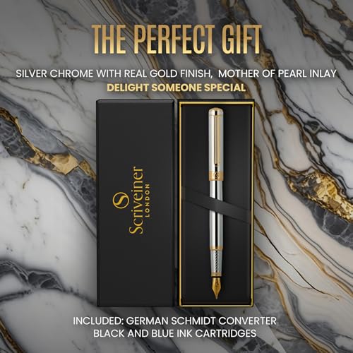 Scriveiner Silver Chrome Fountain Pen - Stunning Luxury Pen, Real Gold Finish, Schmidt Gilded Nib (Fine), Best Gift Set for Men & Women Professional Executive Office Fancy Nice Designer Pen - color: 10. Silver Chrome with Gold, style: Fine Nib