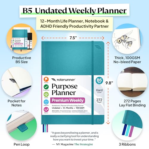 Roterunner Purpose Planner Notebook B5 7.5”x9.8” 12 Month Undated 2026 Daily Weekly and Monthly Productivity Goal Setting Tool for Work Home ADHD Planner for Adults Self Care Journa (Teal) - color: Teal