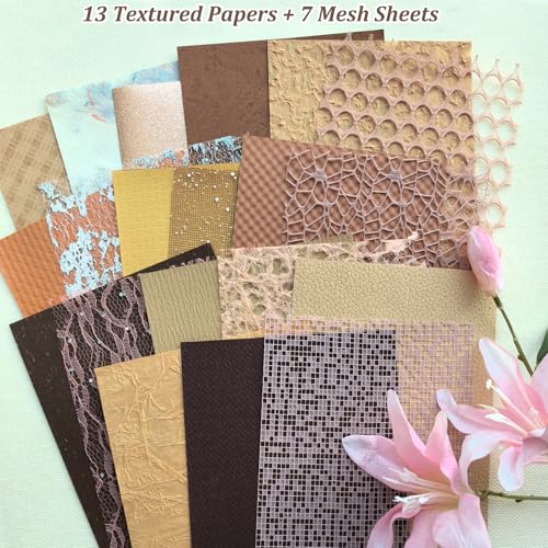 20 Unique A5 Textured Scrapbook Paper & Mesh Fabric Set, Handmade Craft Paper for Scrapbooking, Junk Journal Supplies, Card Making, Decoupage, Collage & Gift Embellishments (Brown) - color: Brown