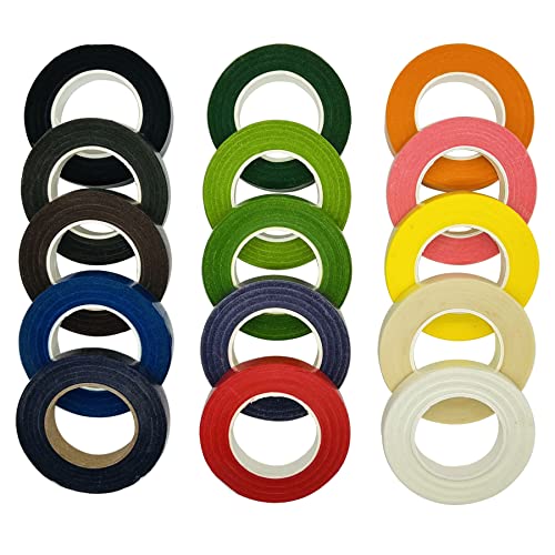 Woohome 15 Roll Florist Stem Wrap, 12mm Width Floral Tape Bouquet Tape, 90 Feet/Roll Flower Tape - color: 15 Colors