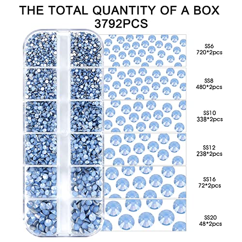 3792pcs Blue Opal Crystal Flatback Rhinestones Glass Diamantes Round Gems for Crafts Nail, Makeup, Clothes, Mixed 6 Sizes with Wax Pencil and Tweezer Kit(SS6~SS20) - color: Blue opal