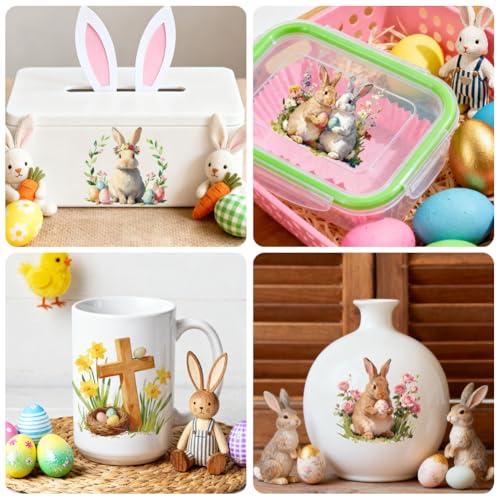 Peacoblue Easter Rabbits Rub On Transfers for Craft, Transfer Sticker | 18 Sheets UV DTF Transfers, Waterproof Rub On Decals for Wood, Glass, Furniture, Tumblers & Home Decor Crafts - style: Easter Rabbits with Easter Eggs
