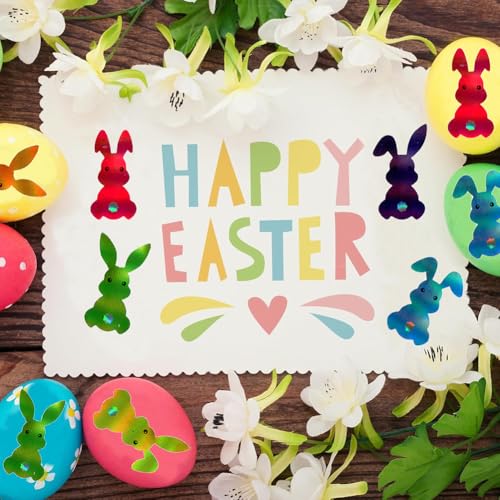500PCS Easter Stickers Roll 8 Colors Spring Easter Bunny Stickers 1.2in Laser Glitter Self-Adhesive Decorative Label Rabbit Sticker for Envelopes Scrapbook Holiday Party Decorations - color: Colorful Bunny-6
