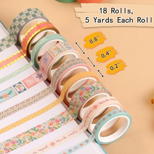 Washi Tape Set of 18 Rolls, Assorted Sizes, Decorative Tape for Journaling, Scrapbook, DIY Décor, Craft Supplies, Gift Wrapping, Metallic Foil, Painters Summer - color: Painters Summer