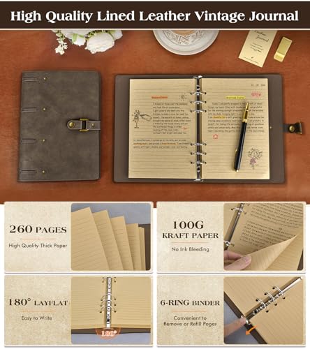 Leather Journal Notebook, A6 Size 5.3 x 7 inches 260 Lined Pages-Dark Brown - color: Dark Brown, size: 5.3*7inch