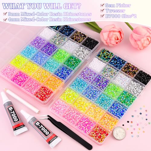 2 Boxes 3mm+4mm Jelly Rhinestones for Bedazzling, 25000Pcs Multicolor Flatback Resin Gems for Crafting, Bedazzler Kit with 2Pcs 10ml B7000 Jewelry Glue for DIY Crafts Book Fabric Decor Nail Art - color: 24 Colors Jelly AB| 3+4mm, size: Large Pack with Glu