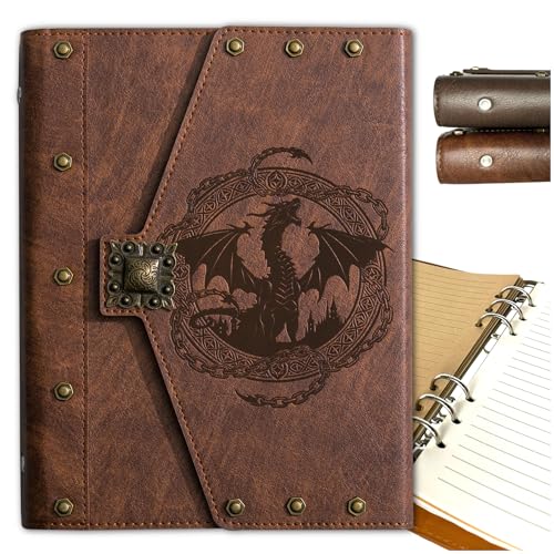 DUROTAN DND Notebook Vintage Dragon Journal with refillable paper | Unique A5 400 Pages For Dungeons and Dragons accessories for players Gift,Men or Women - color: s04-Brown-Retro Dragon