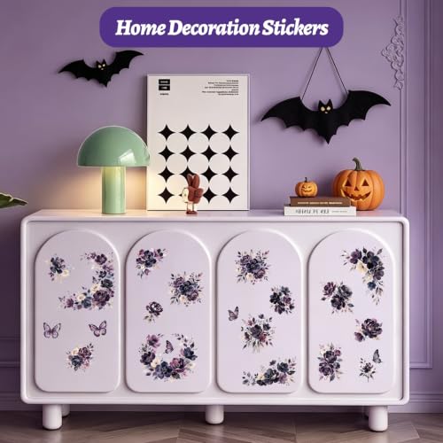 Rub On Transfers for Crafts, 3pcs Dark Purple-Themed Flower Transfers UV DTF Stickers Waterproof Decals for Halloween Wood Door Window Cup DIY Home Decor - color: Purple Floral