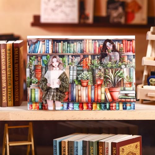 6 Rolls Book-Themed PET Tape for Scrapbook Journaling | Bookshelves, stacked books, flowers and plants in continuous designs for journals, collages and gift wrapping - style: Ocean of Books