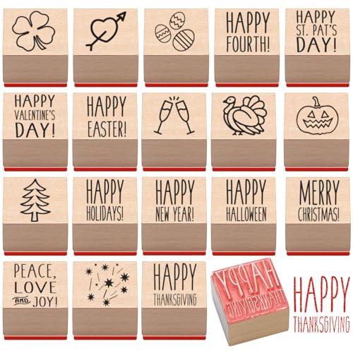 MotiMind 18 Pcs All Holiday Wood Stamps Set Wooden Rubber Holiday Stamps for Card Making Decoration and Scrapbooking Supplies