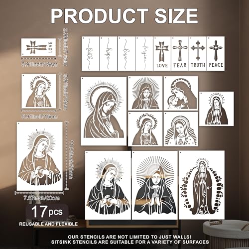 Sitsink Religious Stencils for Crafts Painting - 17 Pcs Christian Cross Our Lady of Guadalupe Stencils for Painting on Wall Letters Virgin Mary - style: Our Lady Guadalupe