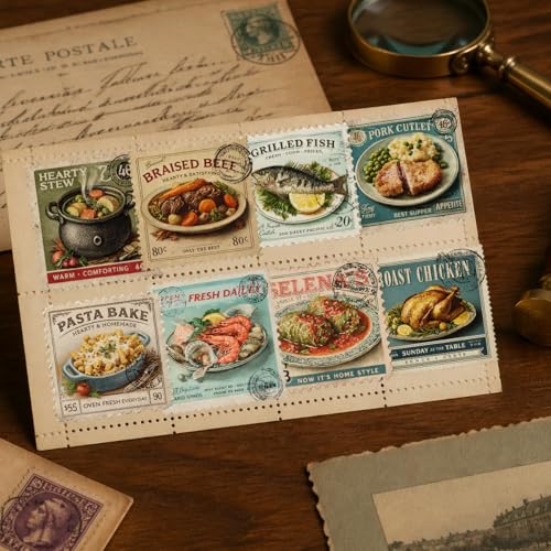 (12pcs-3in) Vintage Postage Stamp Stickers Dinner Recipe Pack - color: Vintage Retro Food