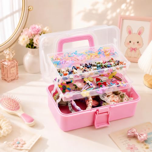 Flytreal 3-Layer Plastic Storage Box with Handle, Small Pink Tool Box Craft Organizer and Storage, Portable Multipurpose Organizer Box for Art Supplies, Makeup, Medicine, Sewing, Stationary, Pencils - color: pink