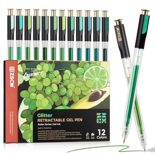 Green Retractable Glitter Gel Pens, 12 PCS Large Capacity Metallic Ink Pen | 1 mm Fine Point Smooth Writing Color Gel Pens for Adult Coloring Book Note Taking Aesthetic Art Supplies - color: 12 Green