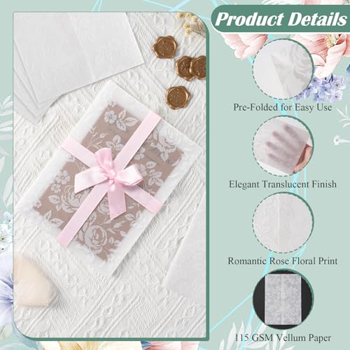 50 Pack Floral Vellum Jackets for 5x7 Invitations, Pre-Folded 115 GSM Translucent Vellum Wraps, Flower Wedding Invitation Sleeves for Bridal Shower Baby Shower Birthday