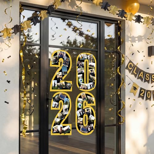Eaasty 4 Pcs 2026 Graduation Photo Display Decoration Picture Display Board Frame Collage Graduation Decorations Gold Glitter Paper Cutouts with Self-Adhesive Dots for Wall College Class of 2026 Party
