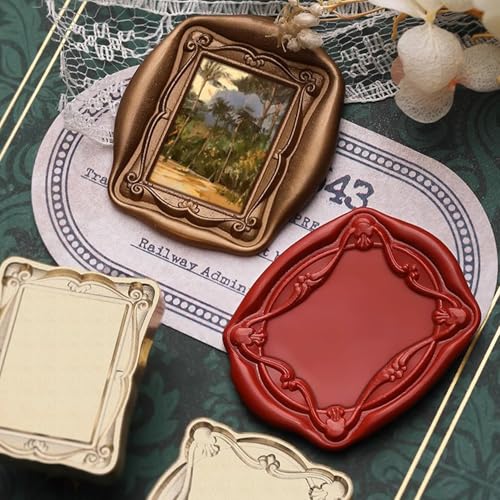 Frame Wax Seal Stamp, 3D Embossed Relief Carving Head and Wood Handle for Wax Seal Stamp Kit, Decor for Envelope Letter Wedding Invitation (F6) - color: Frame Wax Seal Stamp 6