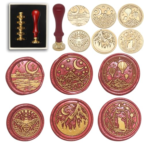 Wax Seal Stamp Kit, 6 Pcs Wax Seal Stamp Head 1 Wooden Hilt Letter Wax Seal Kit, Sealing Wax Stamp Seal Set Include Bee/Cat/Mountain/Sea/Moon Envelope Sealing Wax Stamps for Wedding Invitation - style: Moon Element Wax Seal Stamp Set