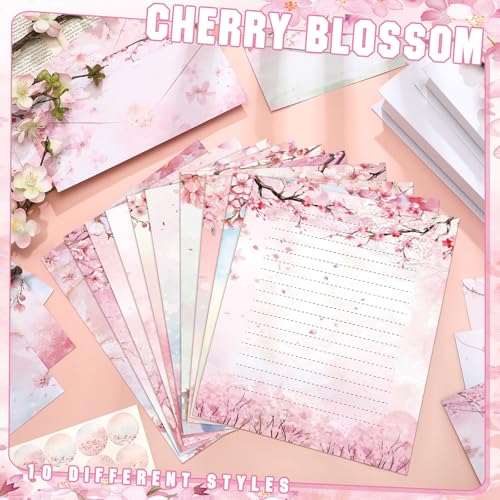 TaoBary 160 Pcs Cherry Blossom Stationery Paper and Envelopes Set 50 Double Sided Lined Stationery Paper with 50 Matching Envelopes and 60 Round Dot Sticker 8.5 x 11'' Letter Writing Kit, 10design - size: 8.5 x 11 Inch, style: Cherry Blossom