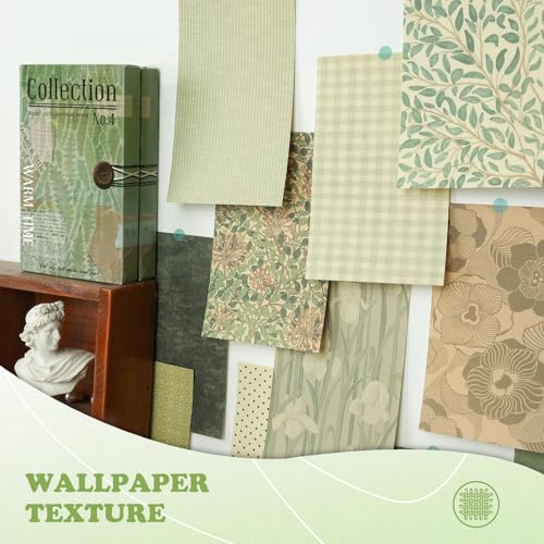60 Sheets Textured Vintage Paper, Cottage Core Green Neutral Floral Scrapbook Ephemera, 5.0 x 3.1 Inch Single Sided Craft Paper for Junk Journaling, Card Making, DIY Crafts and Collages - color: Green