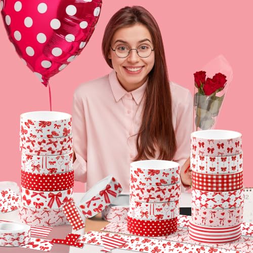 Red Bow Washi Tape Set - 12 Rolls Valentine Masking Tape for Journal Crafts