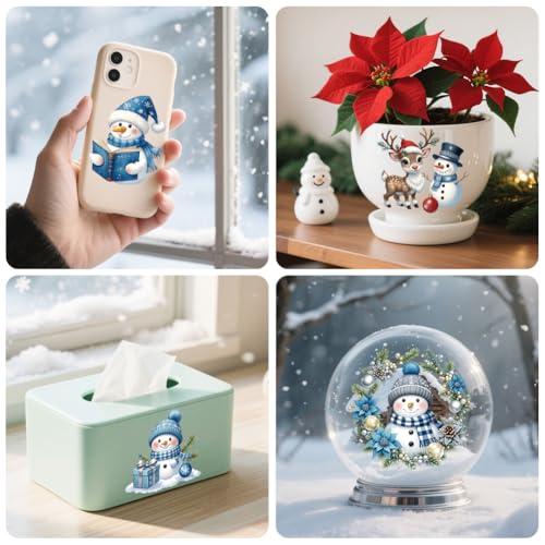 Peacoblue Blue Snowman Rub On Transfers for Craft, Transfer Sticker | 18 Sheets UV DTF Transfers, Waterproof Rub On Decals for Wood, Glass, Furniture, Tumblers & Home Decor Crafts - style: Blue Snowman