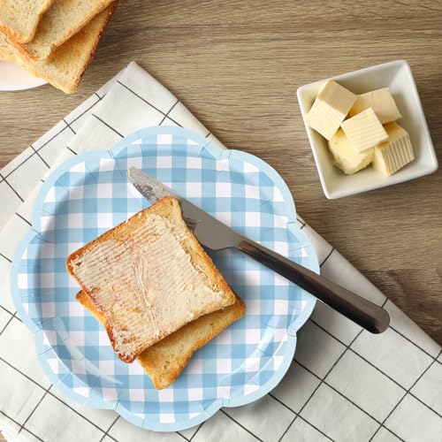 JarThenaAMCS 60 Pcs Light Blue Gingham Paper Plates Blue White Plaid Scalloped Disposable Plates 7 Inch Checkered Decorative Dessert Plate for Birthday Baby Bridal Shower Party Supplies - color: Light Blue, size: 7in