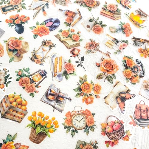 50 PCS Vintage Orange Rose Floral Scrapbook Stickers, Clear Watercolor Fall Aesthetic Stickers for Journaling, Resin Crafts, Cards, Planners, Retro Autumn Decor - color: Orange Rose