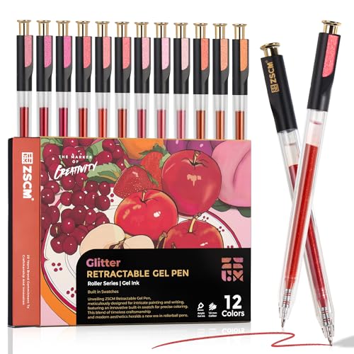 Red Pink Retractable Glitter Gel Pens, 12 PCS Large Capacity Metallic Pen | 1 mm Fine Point Smooth Writing Color Gel Pens for Adult Coloring Book Note Taking Aesthetic Art Supplies - color: 12 Red Pink