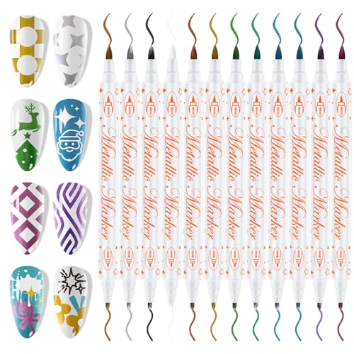 12 Color Double-Ended Nail Art Pens Set, EBANKU 3D Nail Polish Pens Quick Drying Acrylic Paint Nail Art Markers Drawing Painting Liner Nail DIY for Christmas Party - color: Double Tips（A)