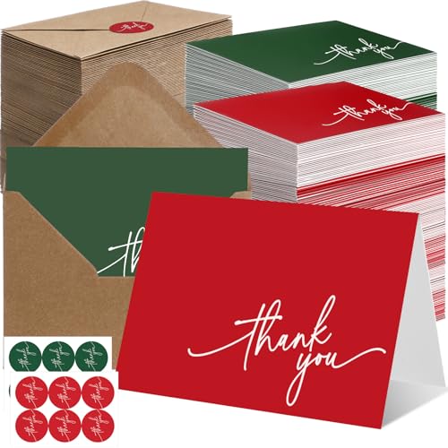 Gueevin 200 Pcs Thank You Cards with Envelopes Stickers, 3.5x5", Red, Green - color: Wine Red, Dark Green