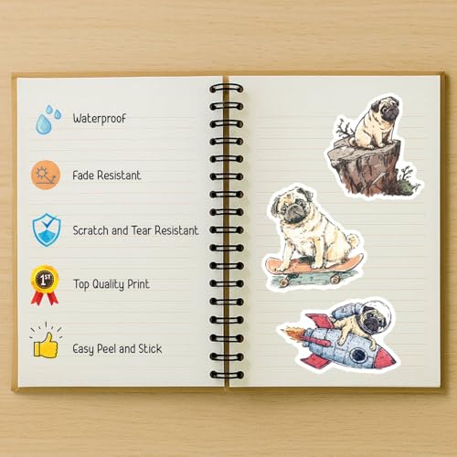 100 PCS Pug Stickers Pack – Waterproof Dog Decals for Water Bottles, Laptops, Phones, Notebook, Cars – Cool Vibrant Graphics for Pug Enthusiast - color: Pug