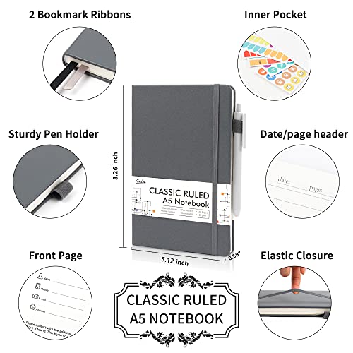 feela 18 Pack Journal Notebook for Work, Business Notebook Bulk Hardcover Lined Writing Journal with Pen Holder for Men Women Note Taking, with 18 Black Pens, 120 GSM, 5.1”x8.3”, A5, Gray - color: 18 Gray