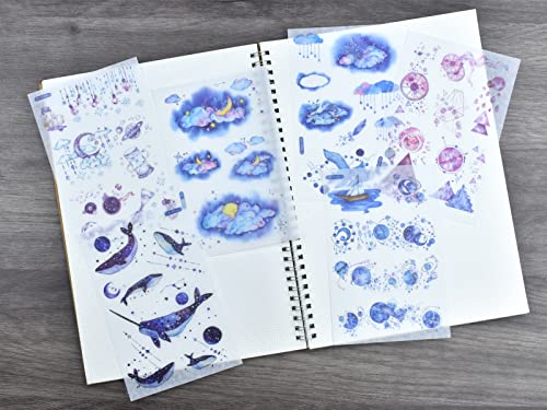 12 Sheets Washi Stickers Fantasy World Colorful Cloud Start Light Whale Ship Planet Celestial Sticker for Scrapbooking Planner Journal Art Craft Project Diary Card Water Bottle Gift Box Album Books - color: P