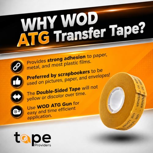 WOD General Purpose ATG Tape, 3/8 inch x 36 yds. (Set of 16 Rolls) Adhesive Transfer Tape Glider Refill Rolls Clear Adhesive on Gold Liner (Acid Free) RWATG20 - size: 3/8" - Pack of 16