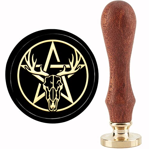 CRASPIRE Deer Wax Seal Stamp Halloween Sealing Wax Stamps Skull 30mm Retro Vintage Removable Brass Head with Wood Handle for Wedding Invitations Christmas Thanksgiving Gift Packing - style: Deer Pentagram Antlers