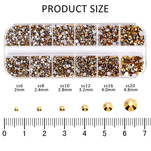 3792pcs Gold Crystal Flatback Rhinestones Glass Diamantes Round Gems for Crafts Nail, Makeup, Clothes, Mixed 6 Sizes with Wax Pencil and Tweezer Kit(SS6~SS20) - color: Gold