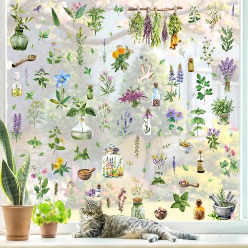Herb Window Stickers Watercolor Plants Wall Decals Botanical Leaf Art Mural | Medicinal flower leaves decal for window wall, removable vinyl decor, peel and stick, self adhesive, for living room bedroom - color: Herb