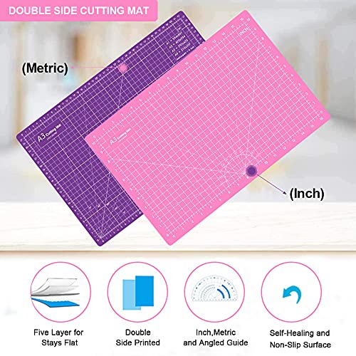 Headley Tools 18"x12" Thickened Self Healing Cutting Mat, A3 Rotary Cutting Sewing Mat for Crafts, Double Sided 5-Ply Table Cutting Board for Fabric Quilting Art Hobby Project, Pink/Purple - color: Pink/Dark Purple, size: 17.7"L x 11.8"W