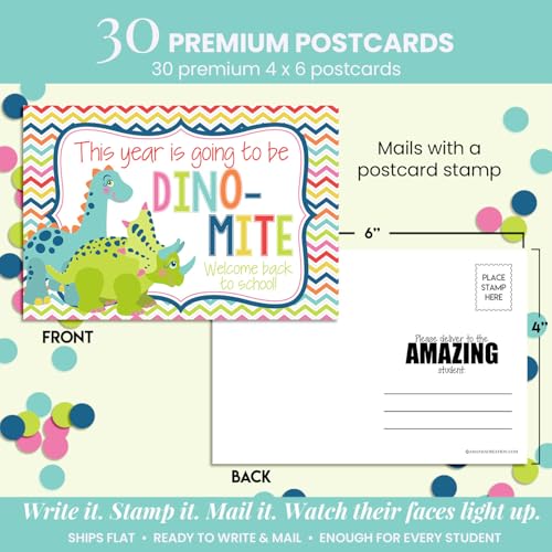 Amanda Creation Dinosaur Postcards, 30 Pack 4x6 Welcome to School Postcards for Students from Teacher, Dino-Mite Design - style: Dinosaur