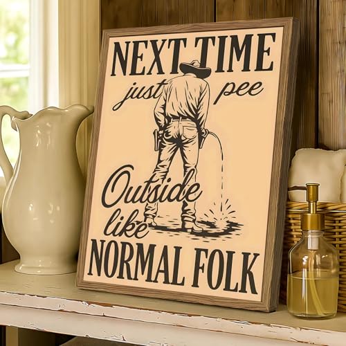 Funny Western Cowboy Bathroom Wall Art Vintage Next Time Pee Outside Like Normal Folk Wall Decor Picture Unique Southwest Restroom Canvas Printing Print 12X16 inch Wood Framed - color: Cowboy C, size: 16"L x 12"W