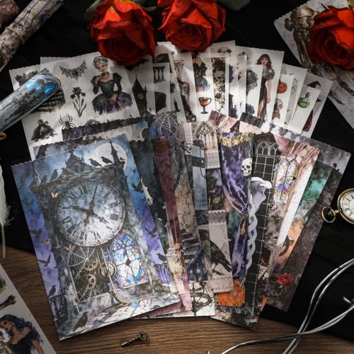 Dark Aesthetic Gothic Stickers, 500+ Pre-Cut Washi Stickers 20 Scrapbook Papers Horror Decals for Junk Journal Supplies, Vintage Rose Washi Sticker Book for Adults Planner Laptop Collage Journaling - color: Gothic Diary